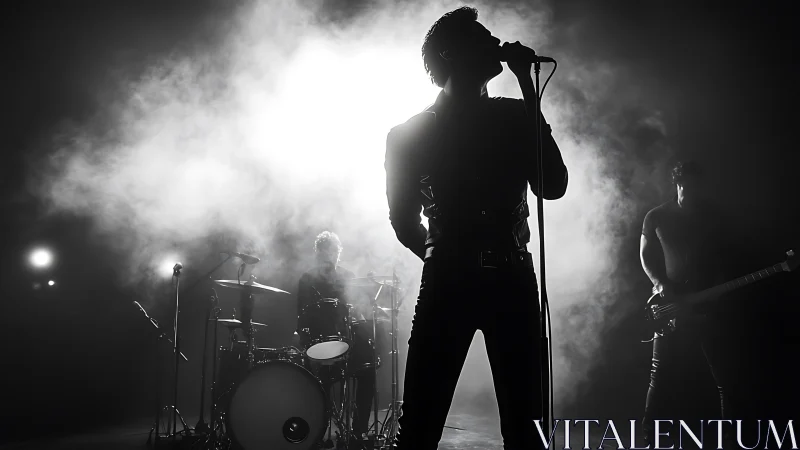 Monochrome stage portrait of rock band in dramatic backlight.
