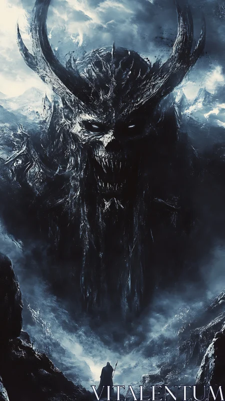 Colossal horned shadow entity above lone cloaked figure.