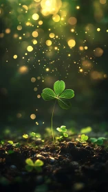 Single clover sprout under glowing light in dark soil field.