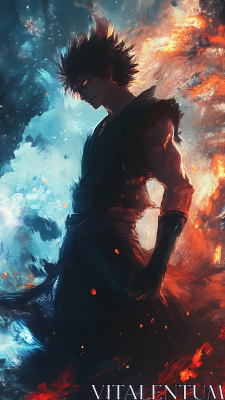 Dark anime warrior stands between swirling fire and ice