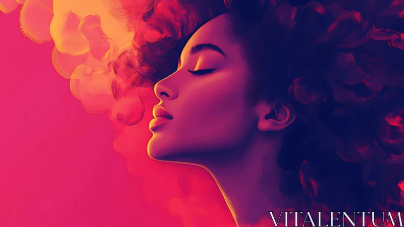 Chromatic female profile in neon gradients and vapor plumes.