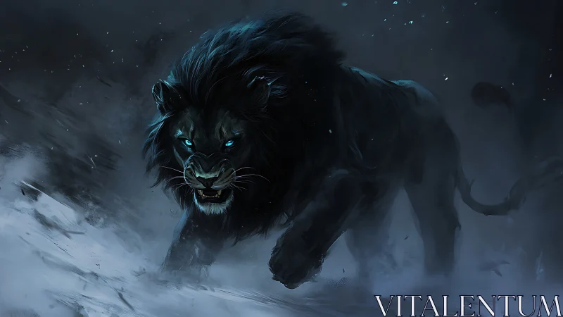 Black lion with glowing eyes moving through snowy storm.