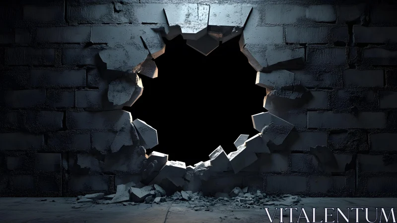 Large Hole in Dark Brick Wall, Dramatic Lighting, Realistic Style.