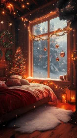 Cozy Christmas bedroom with snowy window view at dusk