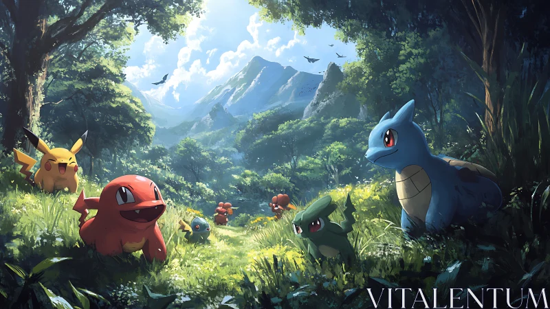 Pokémon ensemble in valley environment with mountains.