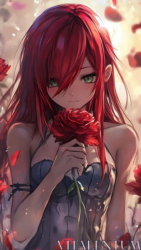 Red haired anime girl holding rose in soft petalscape.