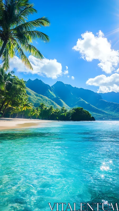 Tropical Paradise Beach with Mountain Vista.