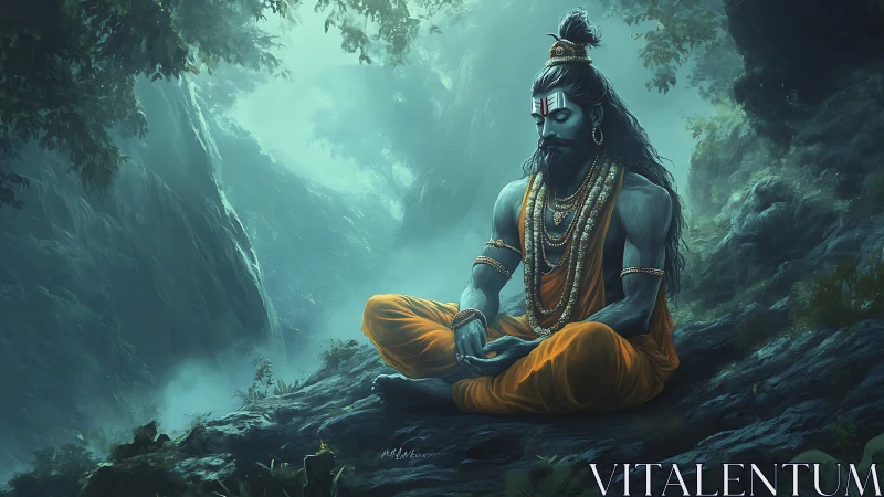 Digital painting of meditative ascetic amid misted forest gorge.