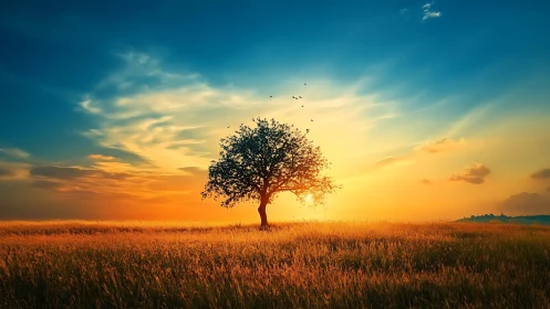 Lone tree glows against a vivid golden sunset horizon