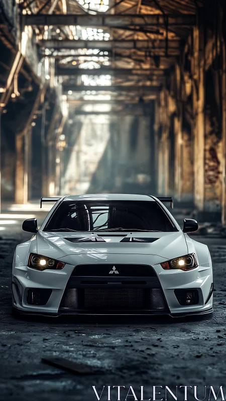 White Mitsubishi sports car in abandoned industrial warehouse.