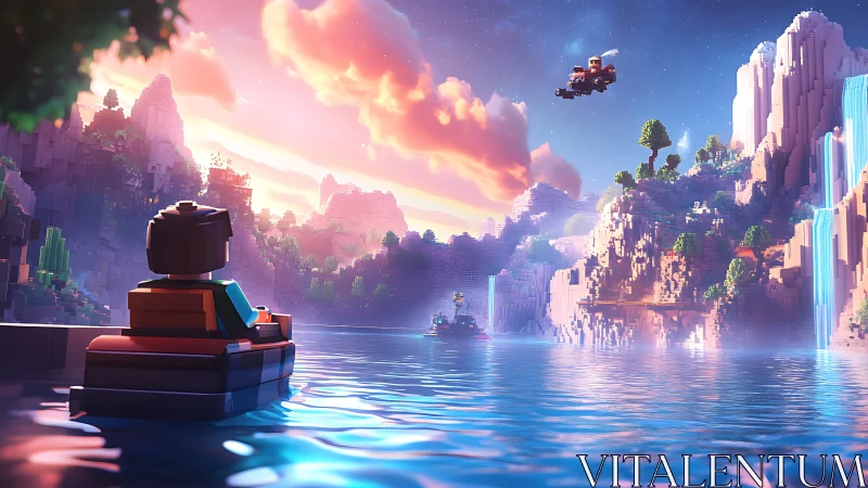 Blocky explorer drifts across neon-lit voxel canyon lake at dusk