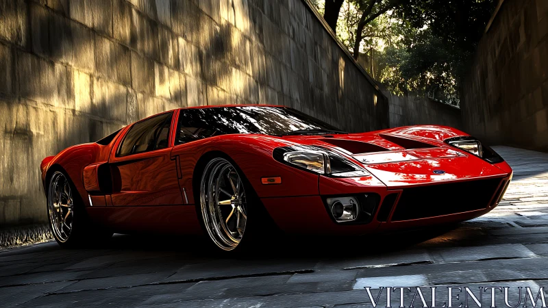 Photorealistic low-angle render of red supercar in sunlit alley.