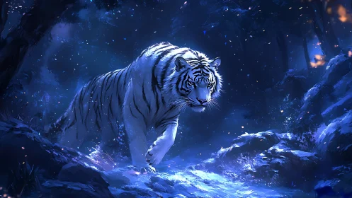 White tiger moving through nocturnal blue forest terrain.