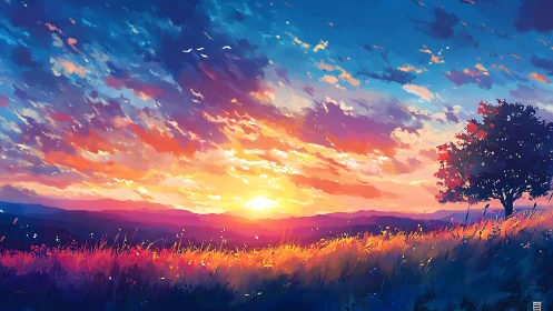 Sunrise wildfire sky over dreaming hills and lone tree field.