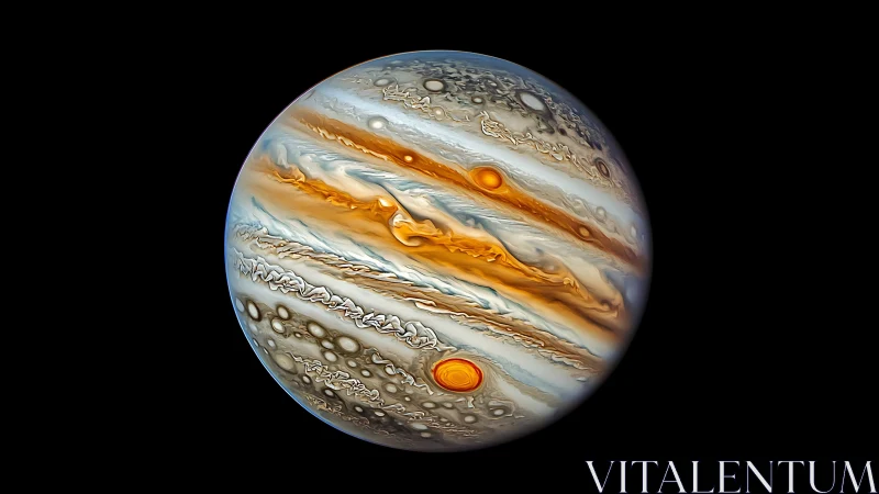 Swirling Jupiter clouds painted in warm amber and silver hues.