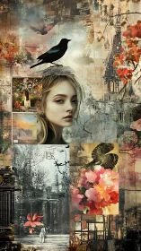 Collaged citydream drifts where raven, muse and blooms converse
