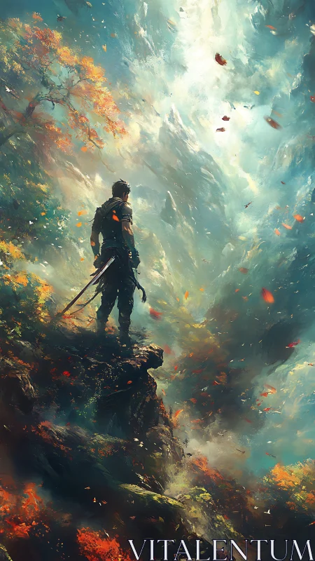 Skyward wanderer on a stormlit cliff of swirling seasons.