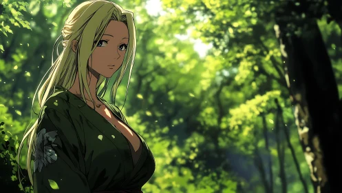 Blonde woman in green robe standing in dense summer forest.