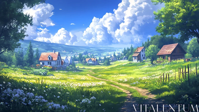 Sunlit countryside cottages under towering summer clouds.