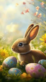 Gentle spring bunny enjoys colorful Easter meadow magic