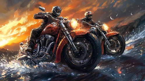 Motorcyclists carve blazing trail through stormy surf sunset.