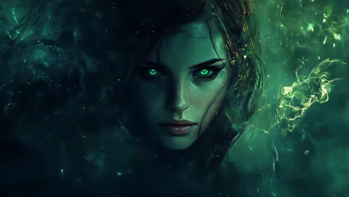 Mystical emerald-eyed sorceress emerges from glowing shadows