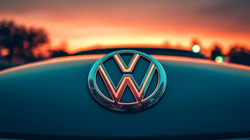 Volkswagen hood emblem gleams against vivid sunset sky.