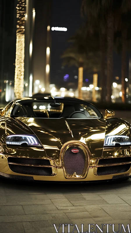 Chromed gold hypercar frontal view under nocturnal city lights.