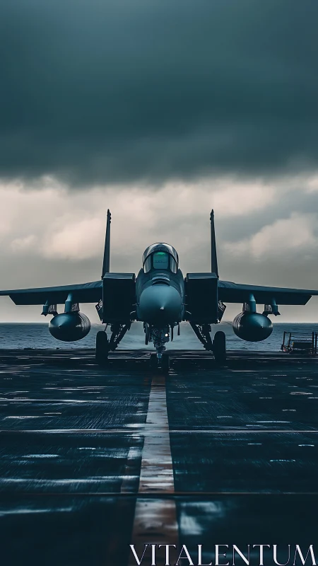 Stormy sky welcomes a sleek fighter jet on carrier deck