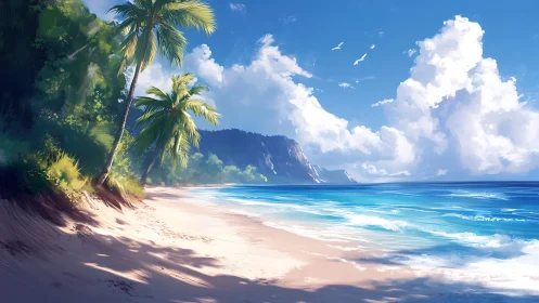 Tropical Beach Landscape with Dramatic Coastal Scenery and Palm Trees