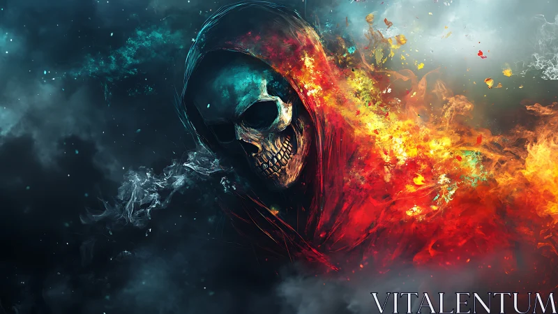 Hooded skull figure with contrasting fire and smoke effects.