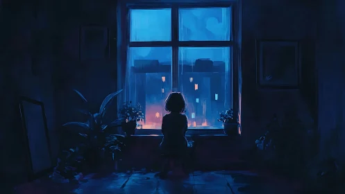 Solitary child framed in blue nocturnal windowscape digital painting