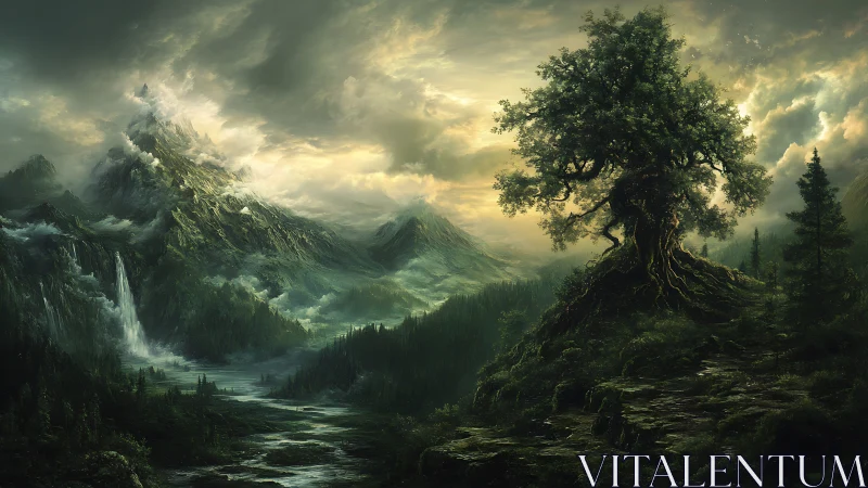 Ancient rooted tree overlooks misty mountains and river valley