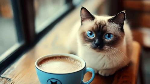 Siamese cat with striking blue eyes sits beside cappuccino mug.