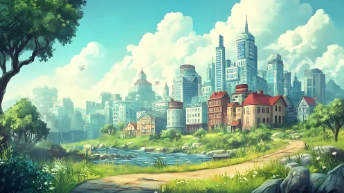 Sunlit riverside path gently meets a peaceful modern city