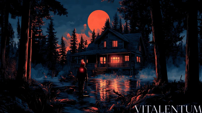 Solitary figure approaches lakeside cabin under red moon