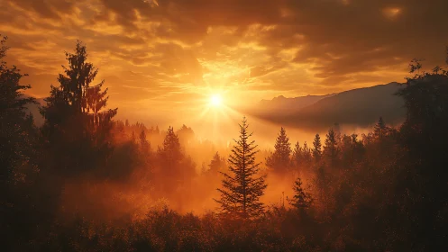 Forest treetops drink molten sunrise in a misty golden hush