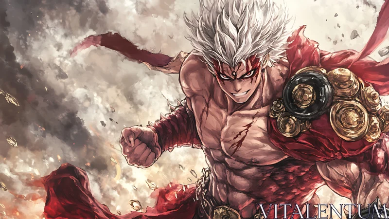 White haired warrior with red markings in dynamic combat pose.