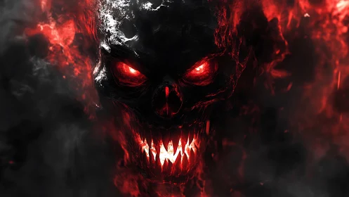 Flaming demonic skull with glowing red eyes in smoke.