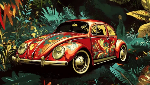 Red vintage car with floral graphics in dense foliage scene.