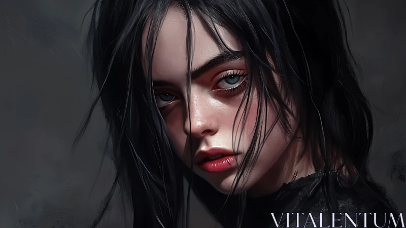 Moody digital portrait of girl with wet dark hair gazing out.