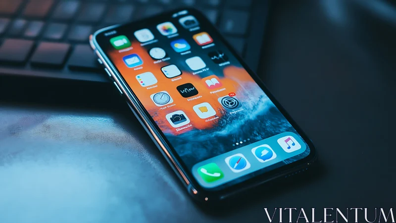 iPhone Home Screen Interface Displaying Layered iOS Application Icons with Ambient Desk Lighting