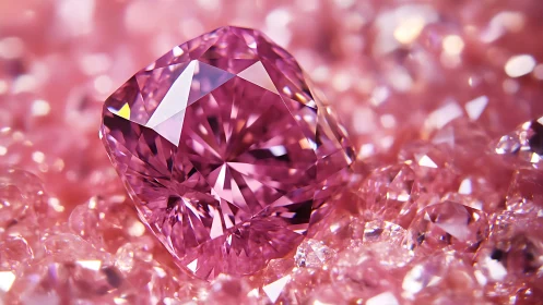 Radiant pink diamond resting in a dreamy crystal garden.