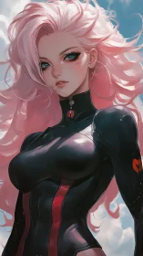 Pink haired cyber heroine stands against bright cloudy sky