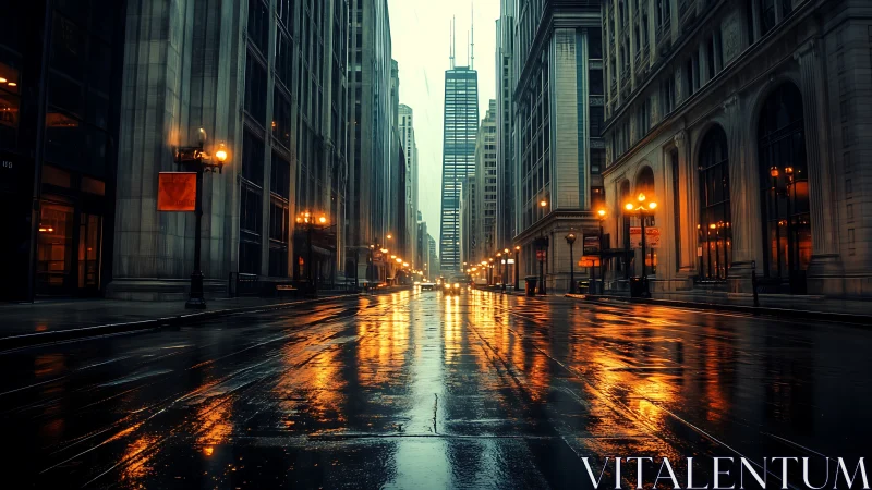 Gilded rainlit avenue echoing through a quiet glass canyon.