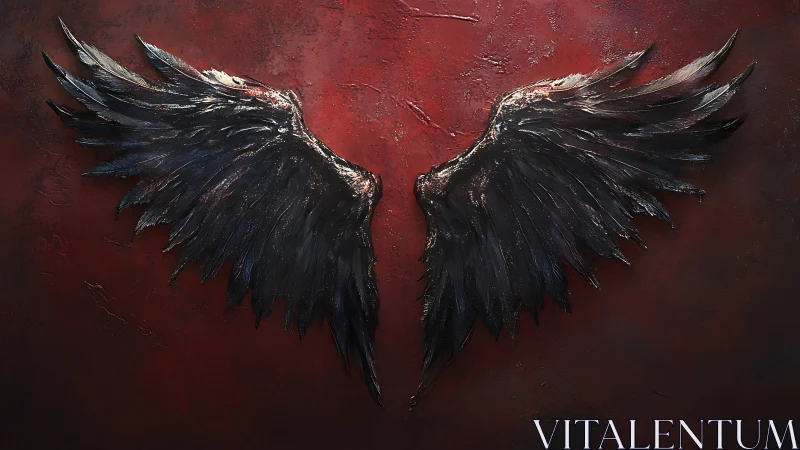 Textured black angel wings sculpture on distressed red wall