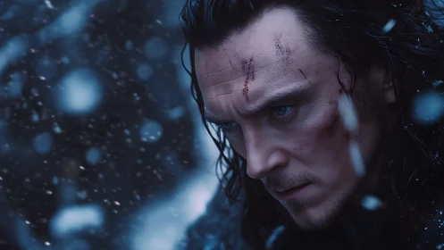 Wounded warrior stares ahead through dense winter snowfall