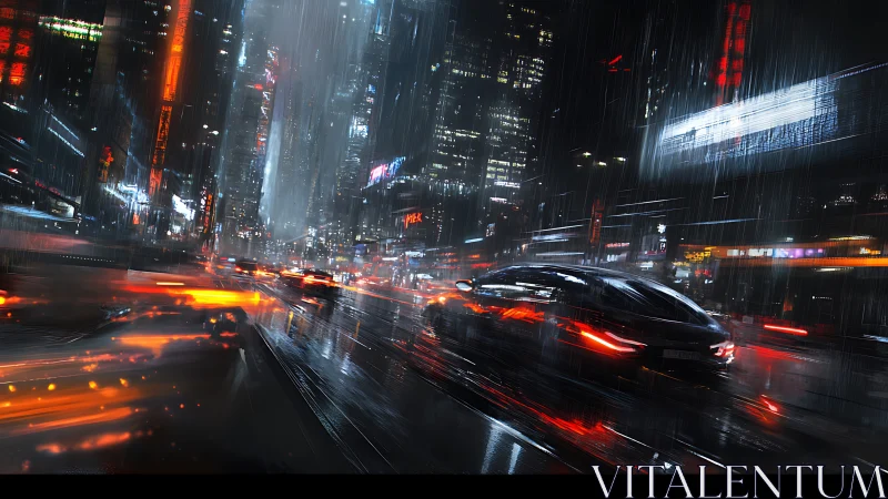 Cyberpunk night street with neon-lit cars in heavy rain.