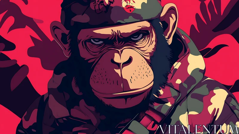 Grim chimp soldier in camouflage on bold red background.