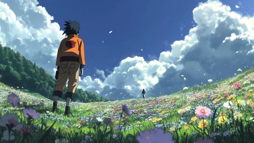Two anime travelers cross a sunlit meadow under vast clouds